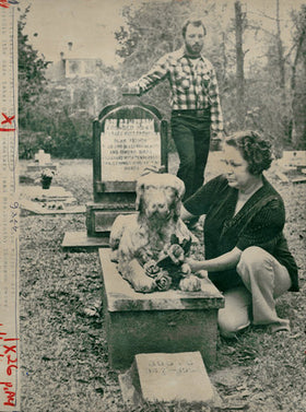Archival photograph of Dorothy Lou Thompson and Brandon Nodier in front of the Azalea Original Pet Cemetery house in the early 1980s