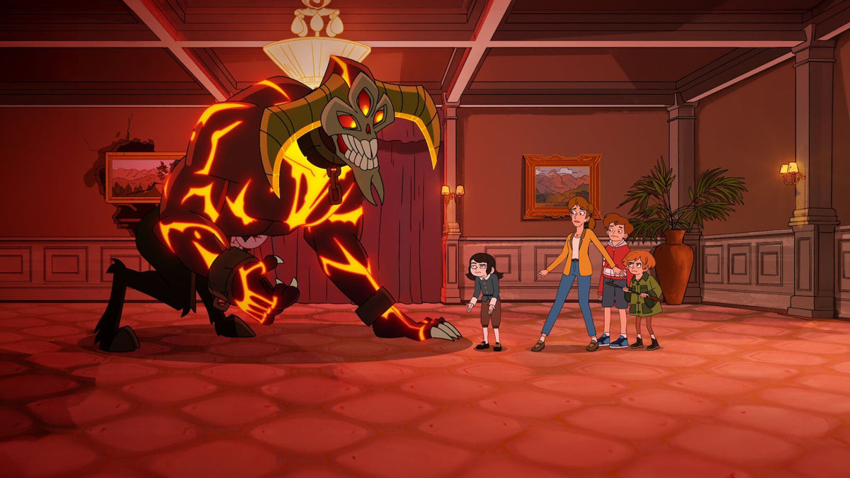 Haunted Hotel animated family confronting a demon in the hotel lobby