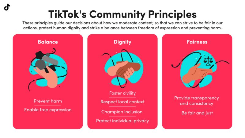 TikTok Community Principles graphic about safety, dignity and fairness in content moderation
