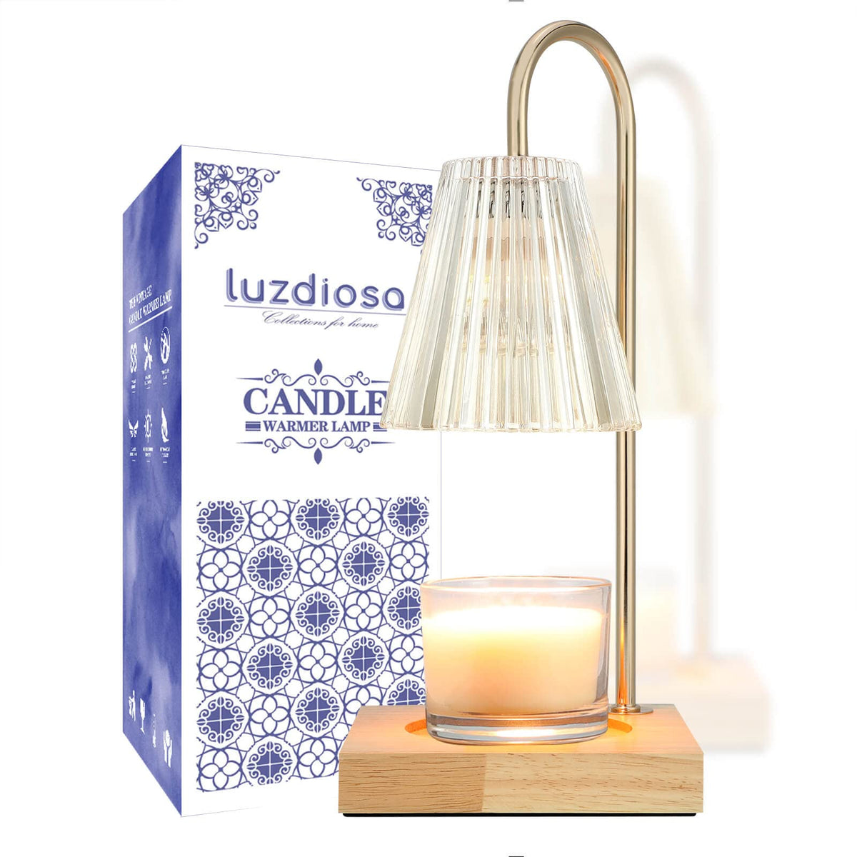 Luzdiosa candle warmer lamp with ribbed glass shade, gold-tone arm and wooden base warming a jar candle. Illustrative reference for this article; exact model match not independently verified.