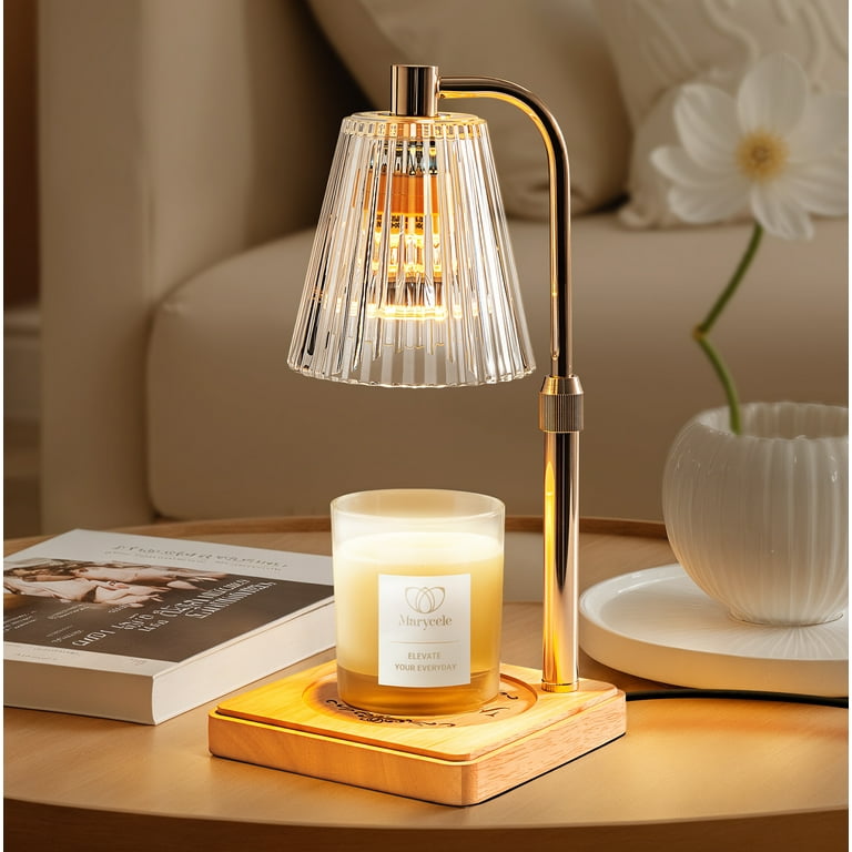 Height-adjustable candle warmer lamp with a ribbed glass shade and wooden base