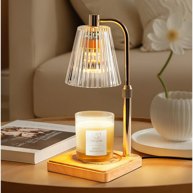 Height-adjustable candle warmer lamp with a ribbed glass shade and wooden base