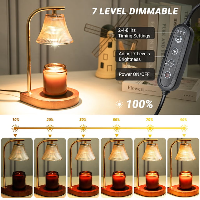Candle warmer lamp with dimmer levels and timer controls shown in a retailer product image. Illustrative reference for this article; exact model match not independently verified.