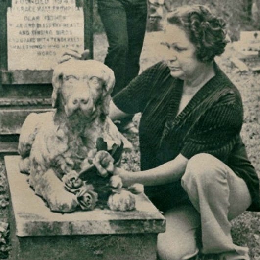 Pet cemetery image used in coverage of The Pet Cemetery Murders: A Ghost Story, featuring a person at a grave marker