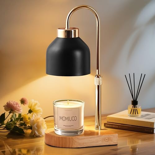 MOMIUCO retro black glass candle warmer lamp with gold-tone curved arm, wooden base and a jar candle