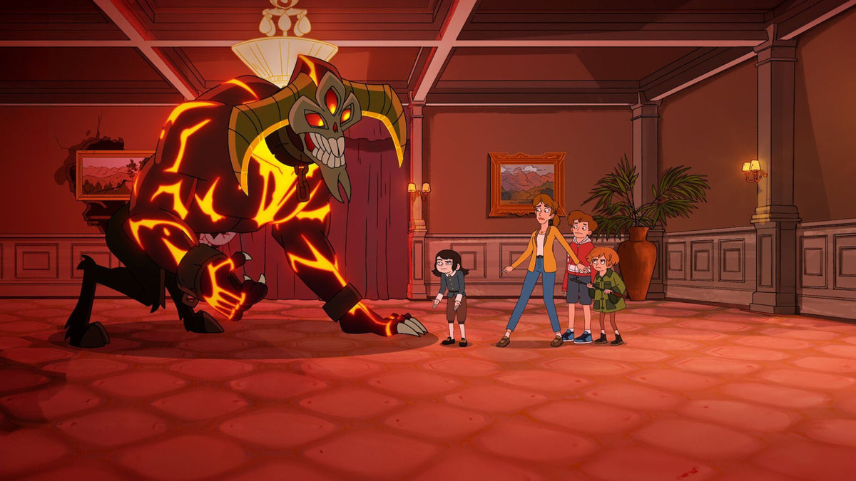 Haunted Hotel animated family confronting a fiery demon in the Undervale Hotel hallway