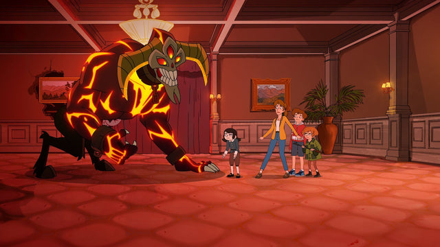 Haunted Hotel animated family confronting a fiery demon in the Undervale Hotel hallway