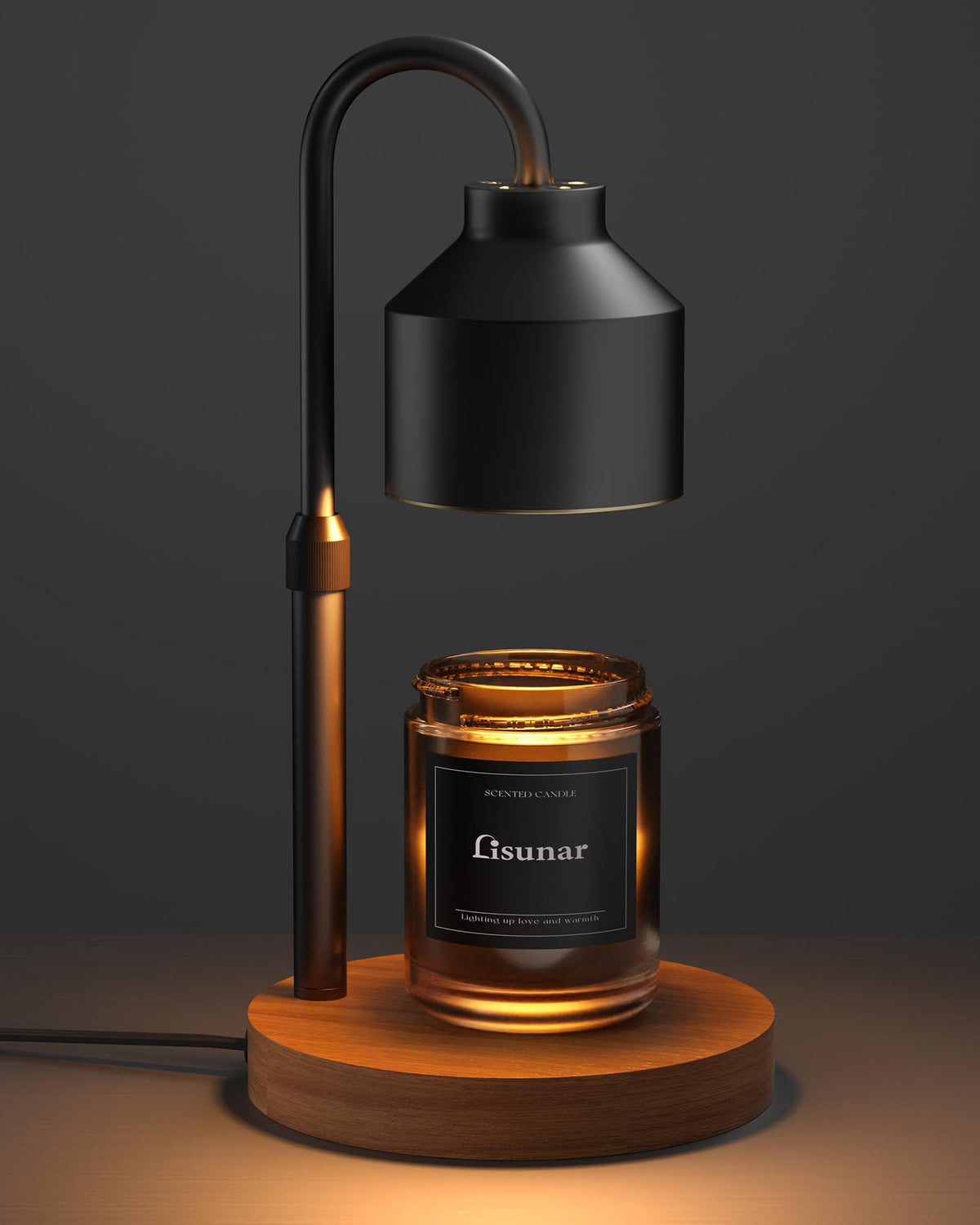 LISUNAR-style black candle warmer lamp with adjustable metal arm and round wooden base above an amber jar candle