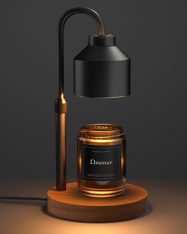 LISUNAR-style black candle warmer lamp with adjustable metal arm and round wooden base above an amber jar candle
