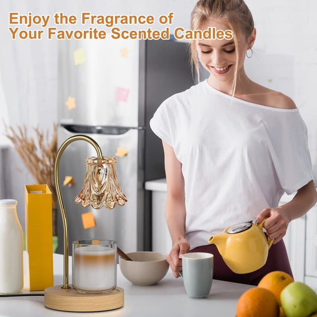 Candle warmer lamp with amber glass candle in a softly lit home setting, featured image for the 2026 candle warmer lamp guide; distinct from body images