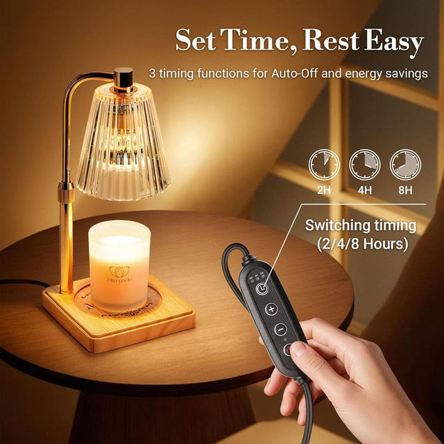 Candle warmer lamp with crystal-clear glass shade and cord controller showing timer options. Illustrative reference for this article; exact model match not independently verified.