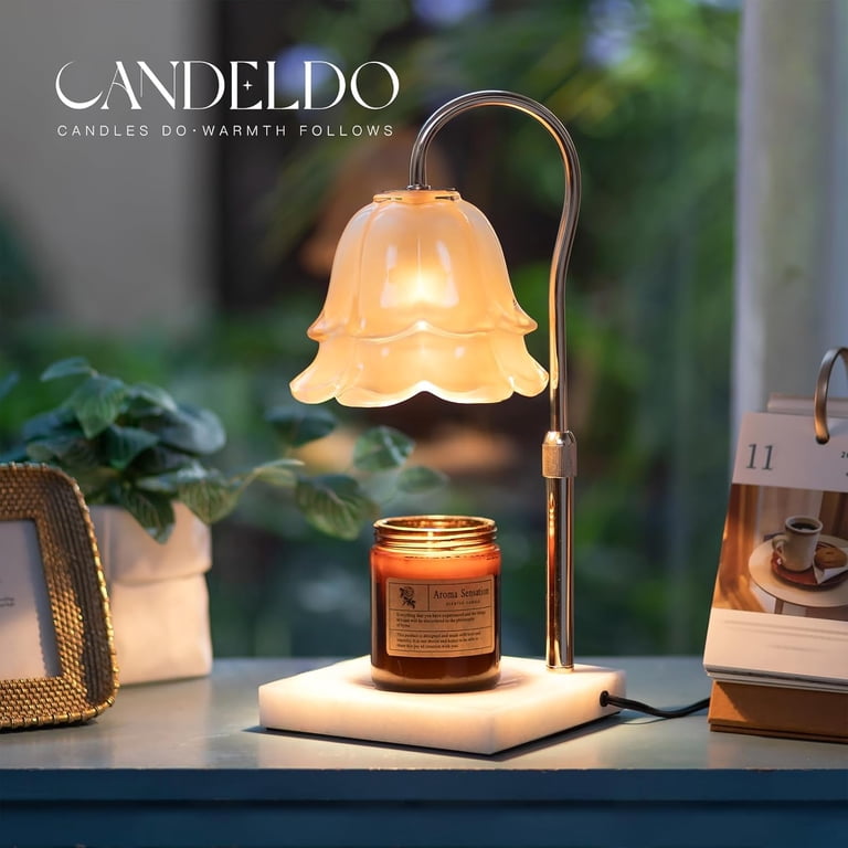 Candeldo flower glass candle warmer lamp with gold arm and white marble base
