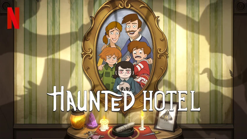 Haunted Hotel Netflix promotional art featuring the animated Freeling family in an ornate haunted portrait