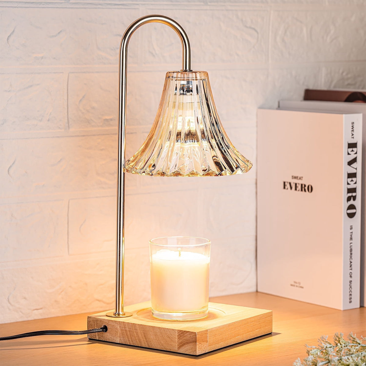 Marycele-style candle warmer lamp with a ribbed glass shade and square wooden base