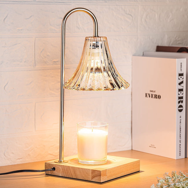 Marycele-style candle warmer lamp with a ribbed glass shade and square wooden base