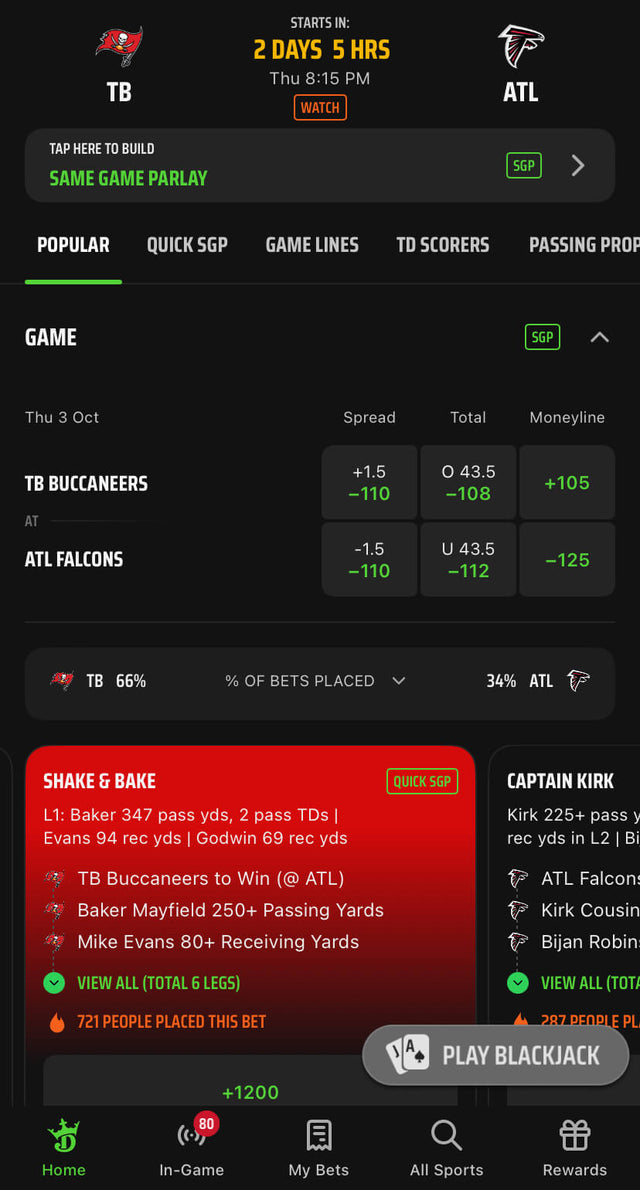 DraftKings Sportsbook NFL betting app interface