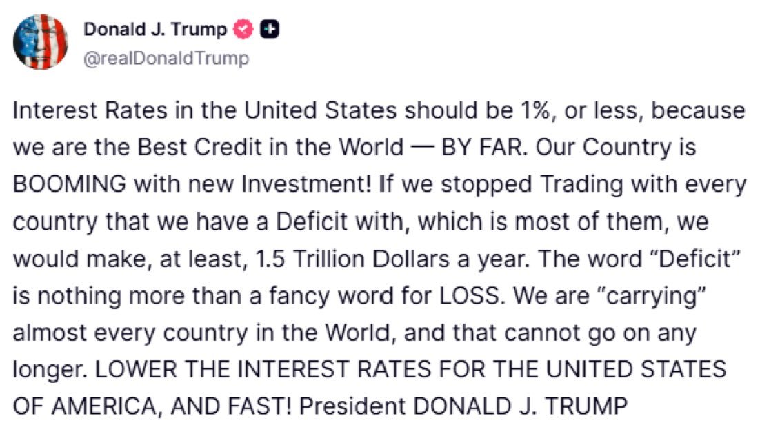 President Trump demands interest rates of 1 percent or less on Truth Social after Fed rate hike September 2026