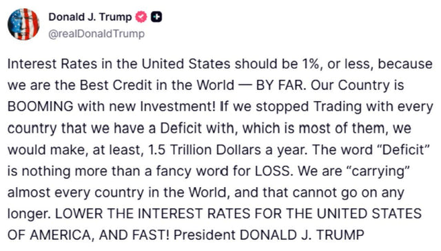 President Trump demands interest rates of 1 percent or less on Truth Social after Fed rate hike September 2026