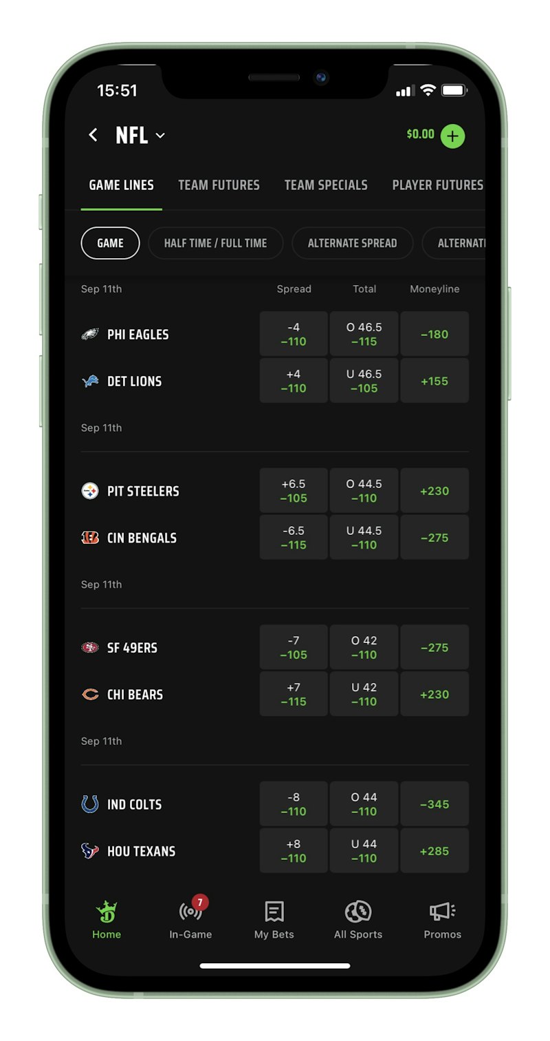 DraftKings Sportsbook NFL game lines on mobile