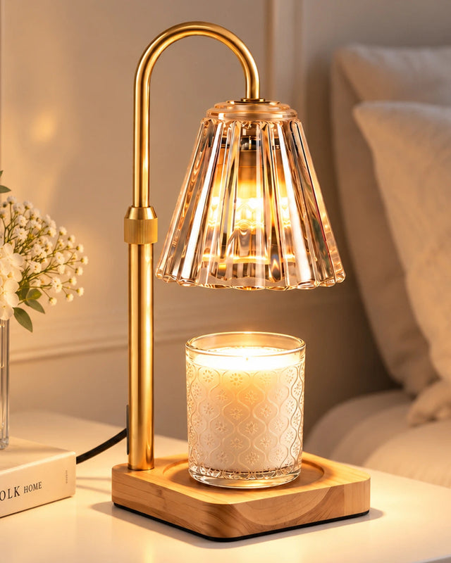 Marycele candle warmer lamp with clear fluted glass shade, gold-tone arm and wooden base above a scented candle. Illustrative reference for this article; exact model match not independently verified.