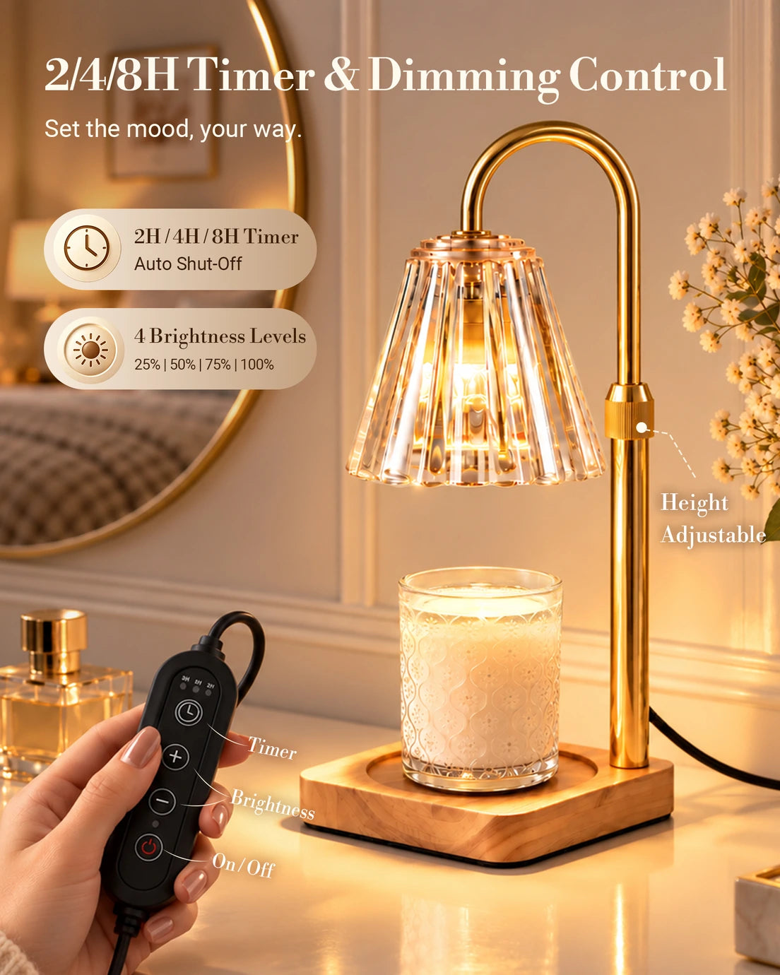 Marycele candle warmer lamp product view showing glass shade and adjustable metal arm. Illustrative reference for this article; exact model match not independently verified.