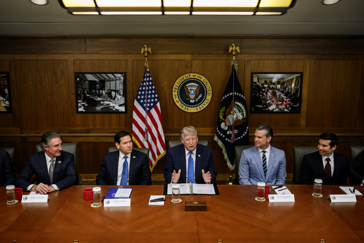 President Donald Trump and Cabinet officials meeting at Camp David in Maryland in July 2026