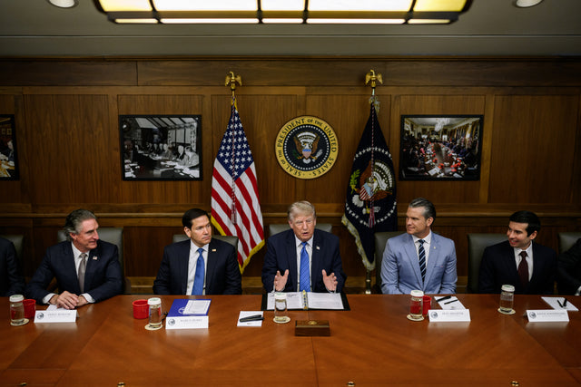 President Donald Trump and Cabinet officials meeting at Camp David in Maryland in July 2026