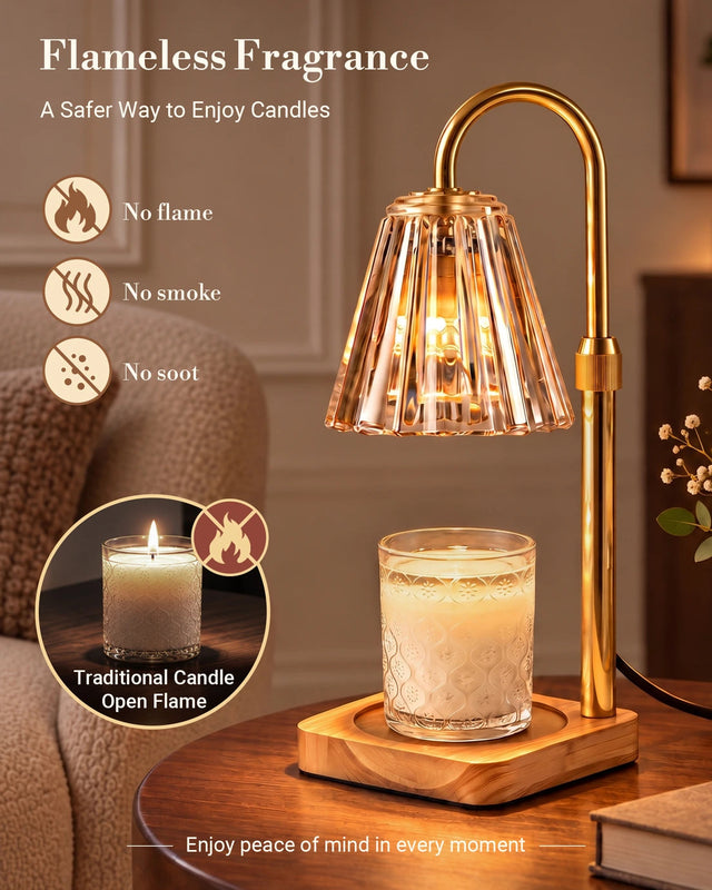 Marycele candle warmer lamp with a jar candle on its wooden base in a home setting. Illustrative reference for this article; exact model match not independently verified.
