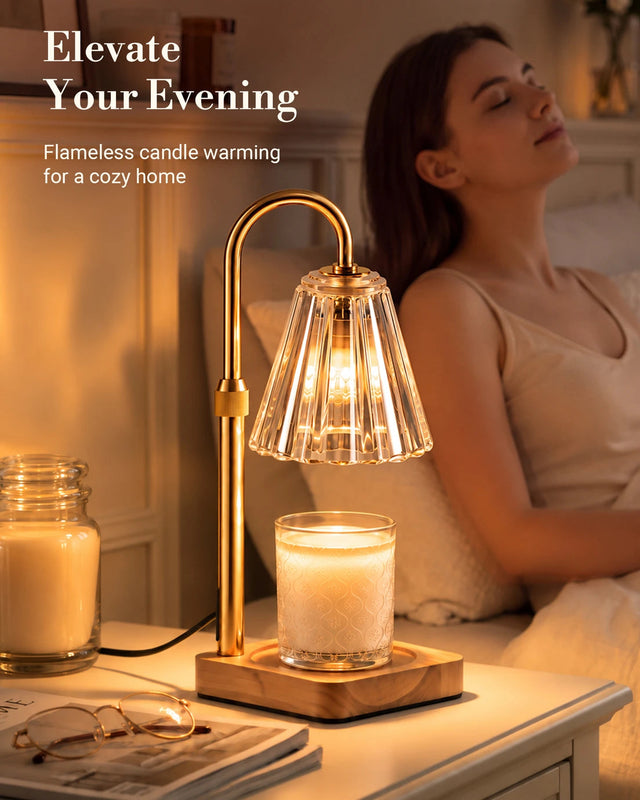 Lifestyle scene featuring a Marycele candle warmer lamp beside a seated woman in a softly lit room. Illustrative reference for this article; exact model match not independently verified.