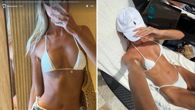 Annie Knight posing in a swimsuit during her post-wedding tropical honeymoon, from public Instagram images via OK! Magazine