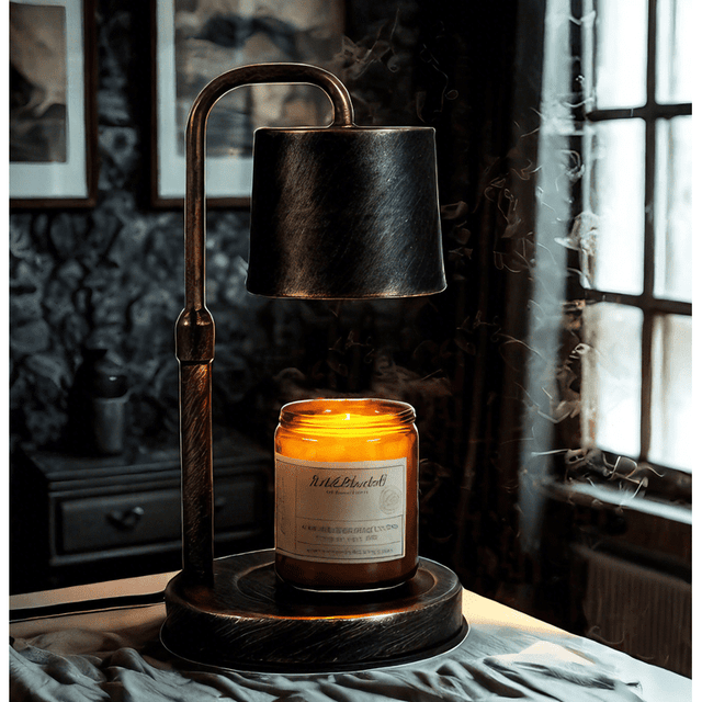Vintage industrial bronze candle warmer lamp with jar candle; comparable product image, not verified as BYART