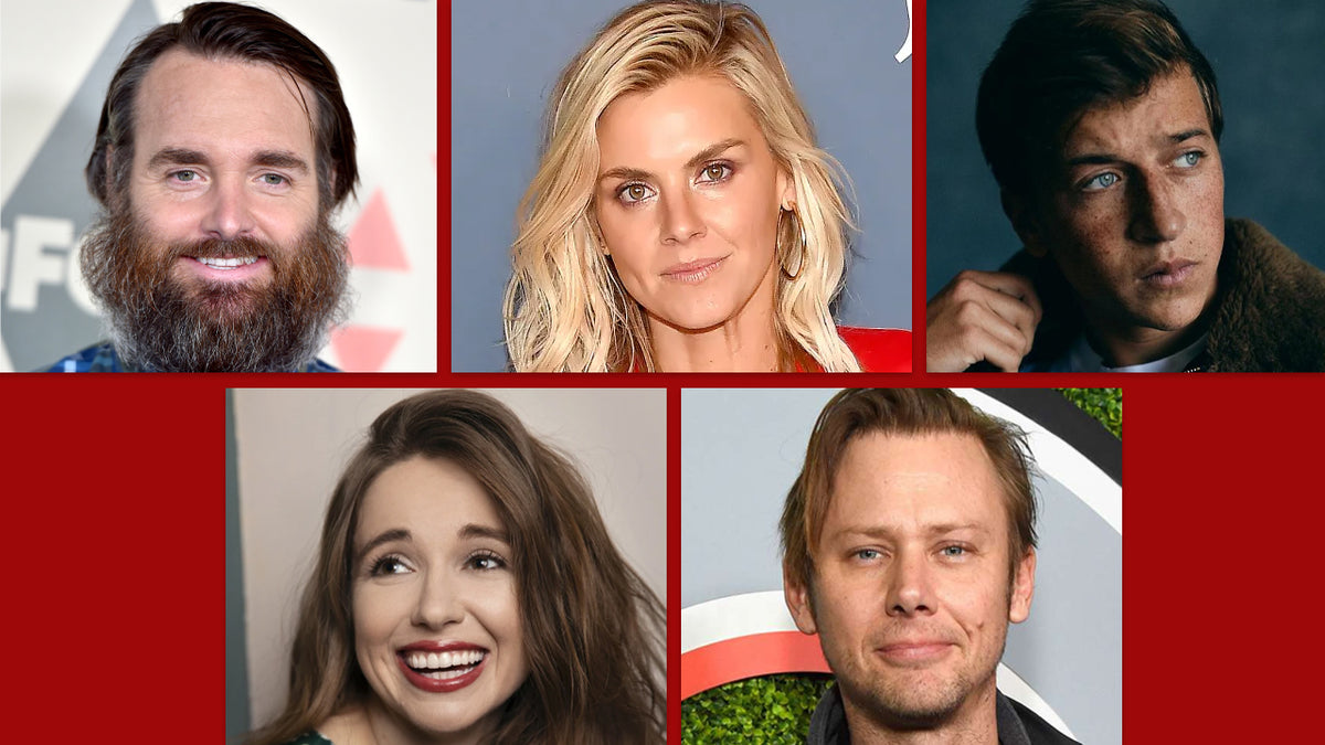 Portrait collage of real Haunted Hotel voice cast members including Eliza Coupe and Skyler Gisondo