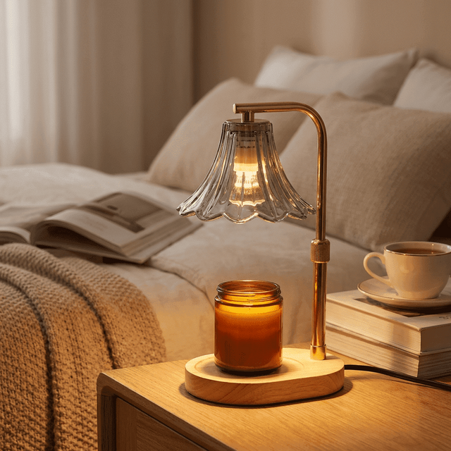 Amber candle warmer lamp glowing on a cozy bedroom bedside table