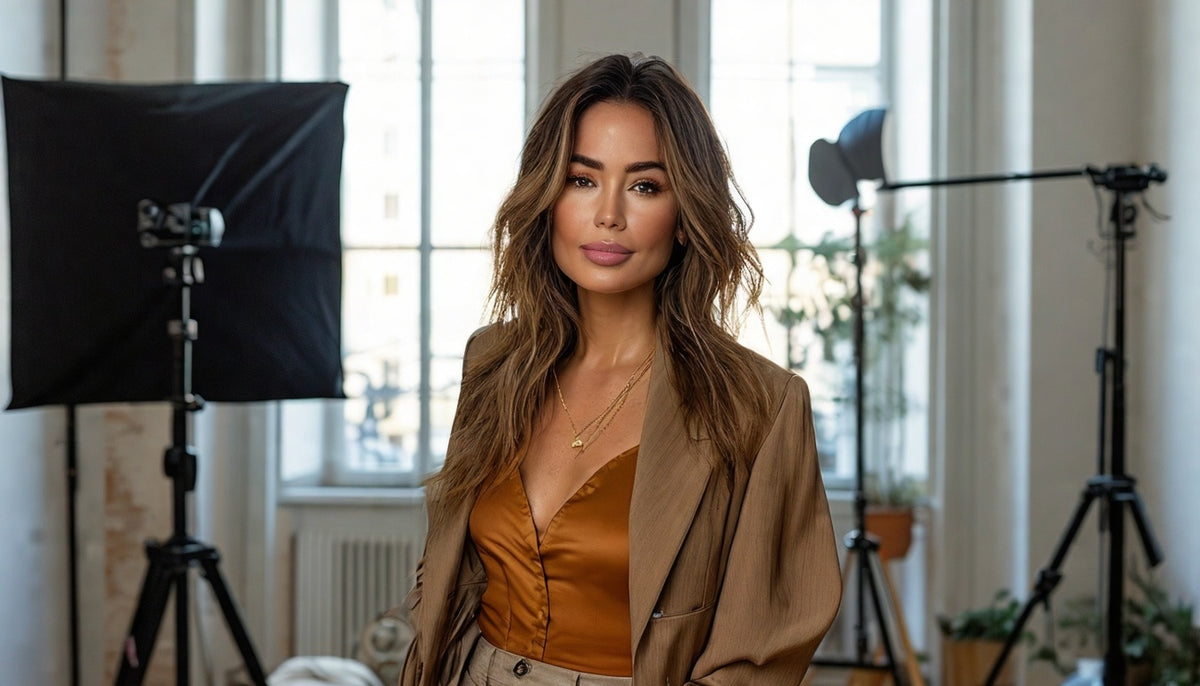Adult content creator in a satin top and blazer in a professional studio, illustrative editorial image