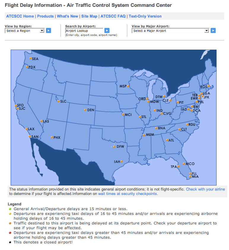 FAA air traffic control delay information map for US airports