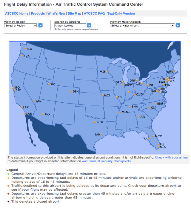 FAA air traffic control delay information map for US airports