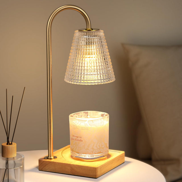 Hong-in Classic-Dots candle warmer lamp with gold-tone curved arm, dotted glass shade, wooden base and jar candle