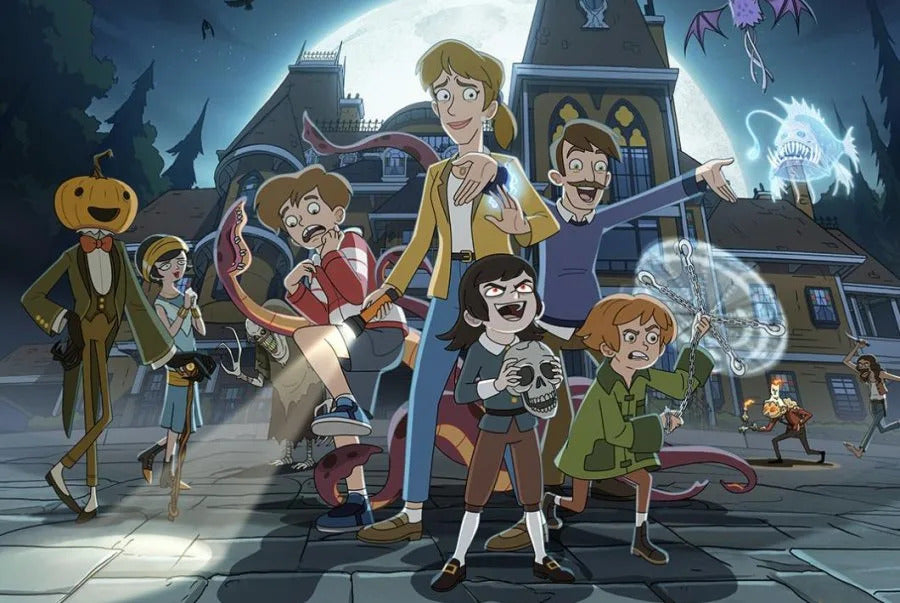 Haunted Hotel animated family and ghostly creatures outside the Undervale Hotel