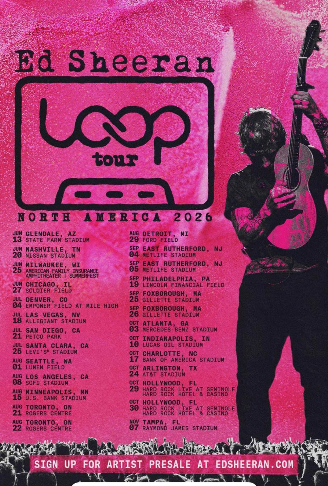 Ed Sheeran Loop Tour North America 2026 schedule poster