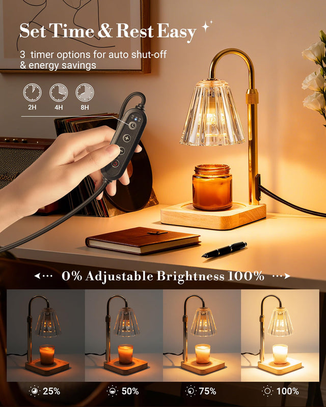 Illustrative remote-controlled candle warmer lamp with glass shade and wooden base; exact MAKYTWOW finish not independently verified