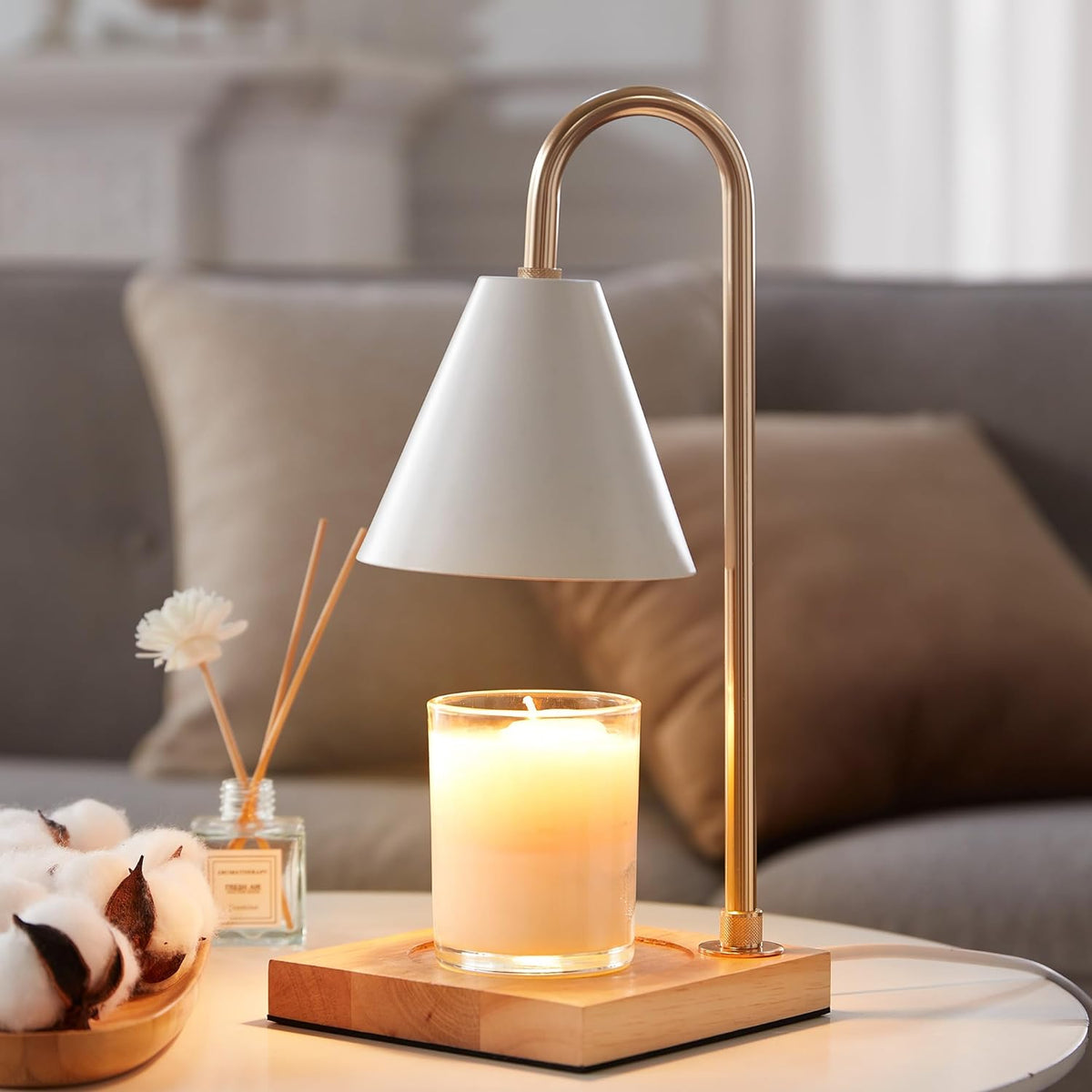 Nordic-style candle warmer lamp with conical shade, curved metal arm and wooden base; illustrative comparison, not verified as the NEENCE unit