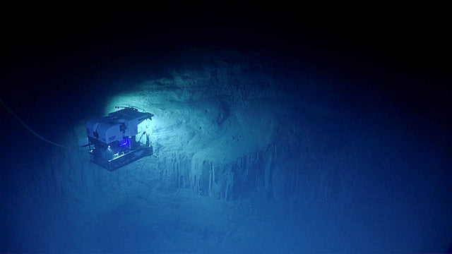 NOAA remotely operated vehicle Deep Discoverer surveys a deep-ocean geological feature.