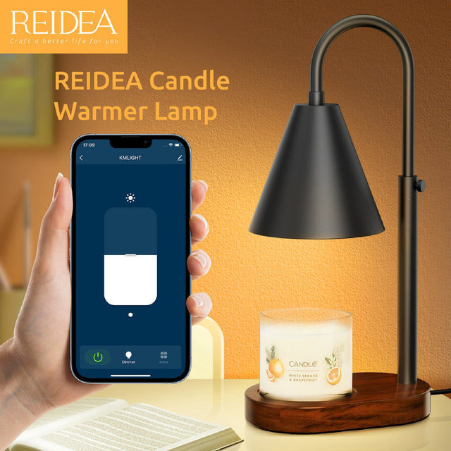 REIDEA smart candle warmer lamp beside a smartphone showing app controls