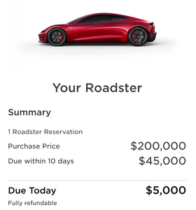 Tesla Roadster reservation payment screen