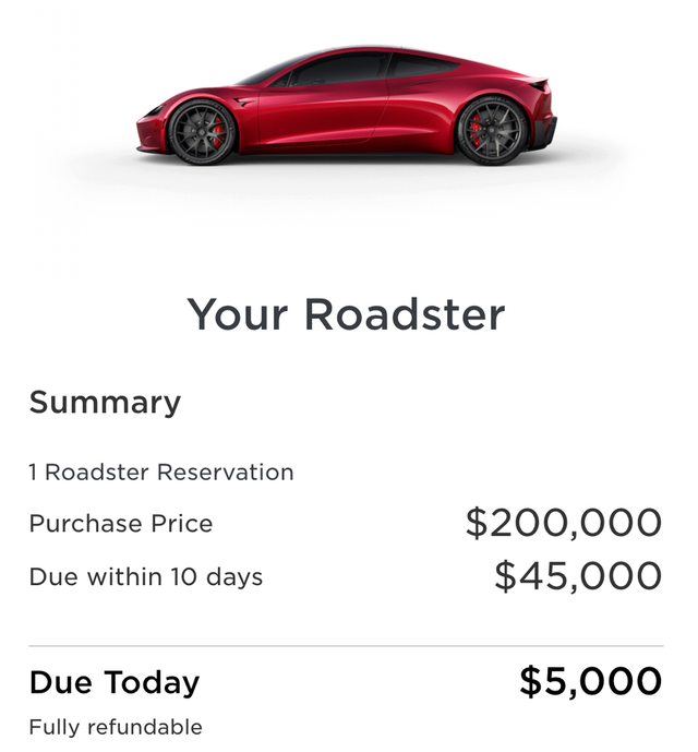 Tesla Roadster reservation payment screen