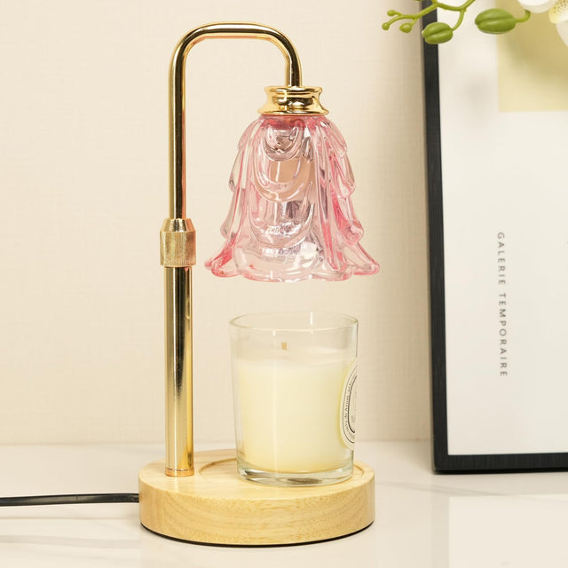 SupBri Pink Tulip candle warmer lamp with pink glass tulip shade, gold-tone arm and wooden base