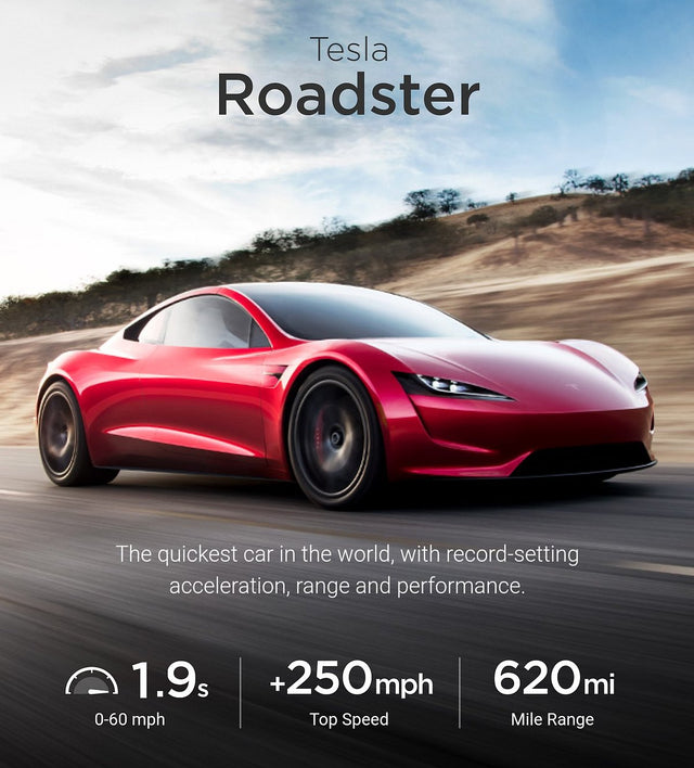 Red Tesla Roadster driving on a road