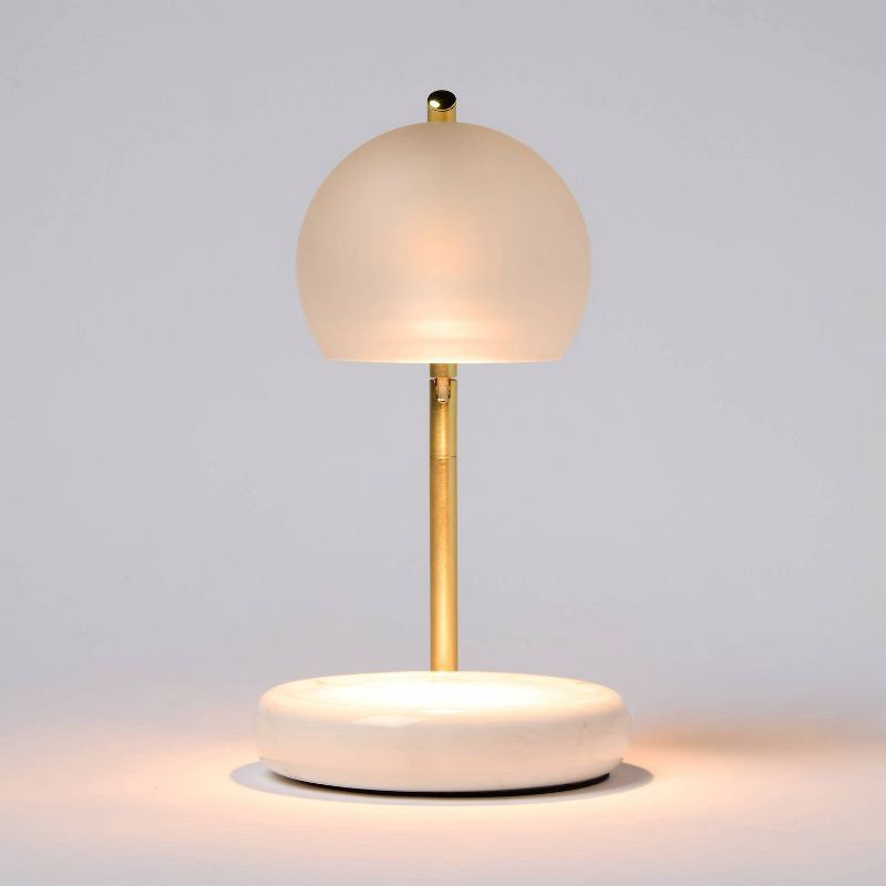 Threshold White Frosted candle lamp warmer with white dome, brass stand and circular base