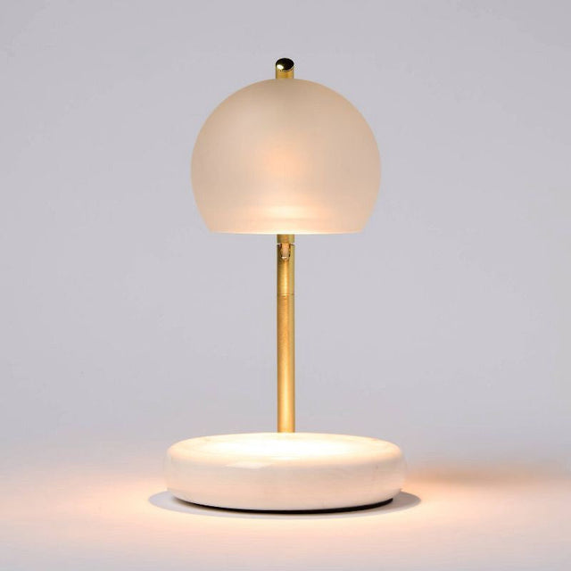 Threshold White Frosted candle lamp warmer with white dome, brass stand and circular base