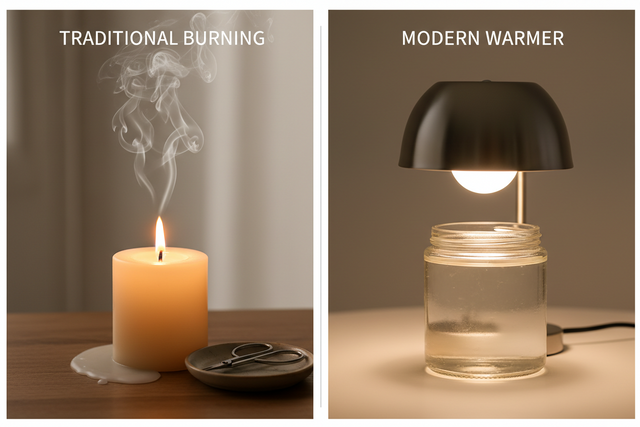 Traditional candle burning with a visible flame; comparison image for candle warmer versus open-flame cost guide